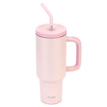 Imagem de Zukro Copo de 1,134 g com alça e canudo, tampa rosqueada com orifício largo para palha, copo de aço inoxidável isolado cabe no porta-copos para viagens - sem suor e mantém bebidas frias - pode ser
