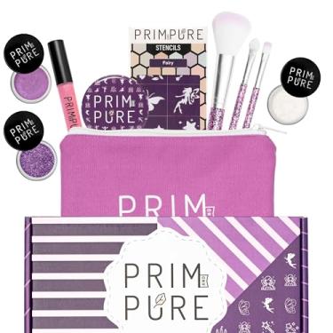 Imagem de Prim and Pure Conjunto de presente de maquiagem infantil – estêncil, sombra de olhos, bioglitter, brilho labial e bolsa de cosméticos, acessórios de pincel de maquiagem espelhado (roxo roxo)