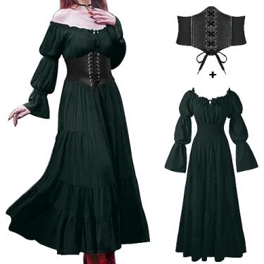 Imagem de BITSEACOCO Vestido de Halloween Renascentista para mulheres, vestido de fada irlandesa medieval vitoriana pirata pirata camponesa fantasia de bruxa irlandesa, Verde, 3G