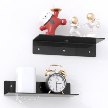 Imagem de PuzFun Prateleiras flutuantes de acrílico preto de 30,5 cm, pacote com 2 prateleiras de parede com clipes de cabo, pequena prateleira flutuante para expandir o espaço de exibição de parede para sala