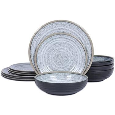 Imagem de Conjuntos de louça de melamina, 12 peças, serviço para 4 pratos e tigelas, pode ir à lava-louças, livre de BPA, conjunto de pratos de jantar para uso diário, padrão de granito, costas pretas