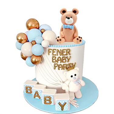 Imagem de Enfeite de bolo de urso mini estatueta de urso decorações de bolo com bola de pérola branca azul dourada para chá de bebê, festa de aniversário, temática de ursinho de pelúcia, suprimentos de festa