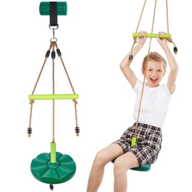 Imagem de AGPTEK Disc Swing with Monkey Bars,Tree Swing Set Accessories Rope Disk Swing Seat with Carabiner and 22in Hanging Strap Heavy Duty Swingset for Zipline Outdoor Playground, Jungle & Gym(Green)