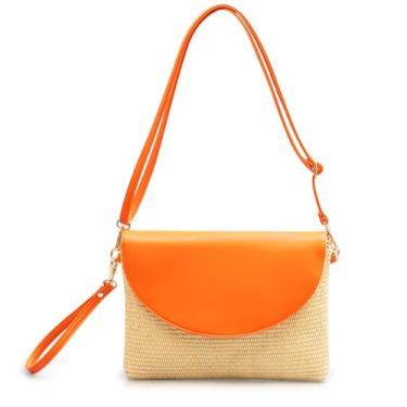 Imagem de QTKJ Bolsas clutch para mulheres, bolsa de palha feita à mão boêmia, bolsas transversais de couro, pacote envelope de tecido, Laranja, One Size