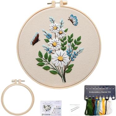Imagem de Kit de bordado para iniciantes, plantas e flores, kits de padrões pré-estampados para adultos com aro, bordado fácil de seguir (flor de borboleta)