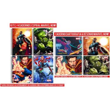 Imagem de Kit 4 Caderno Marvel Now Espiral 80 Fls + Cartografia e Desenho Vingad