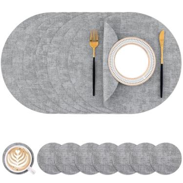 Imagem de Homaxy Jogo americano e porta-copos redondos de couro sintético, tapetes de mesa laváveis de dois lados, tapetes de jantar resistentes ao calor limpáveis para ambientes externos e internos, conjunto