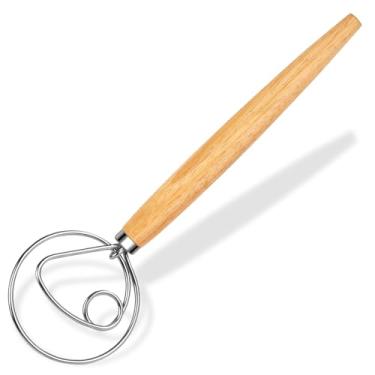 Imagem de MAXJOY Maxjoy batedor de massa dinamarquês, batedor de pão de madeira com gancho de massa de aço inoxidável, batedor holandês tradicional, ferramenta manual para misturador de massa e ferram