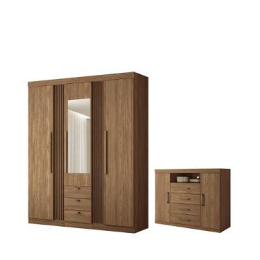 Imagem de Kit Guarda Roupa Espelho e Cômoda Denver Jatoba - CasaH