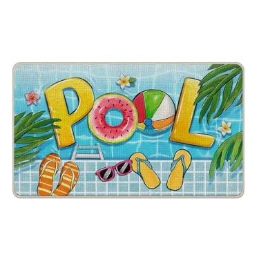 Imagem de Livcoz Tapete de porta da frente para piscina de verão, anel de natação, chinelos decorativos, tapete de entrada antiderrapante, folhas de palmeira tropicais de primavera, decoração de cozinha para