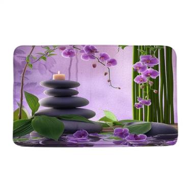 Imagem de VPUPCN Tapete de banho Zen Garden roxo orquídea flor verde bambu pedra preta spa natureza asiática japonesa microfibra memória espuma tapete de banheiro capacho cozinha banheiro tapete