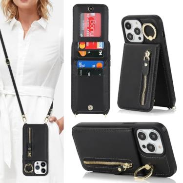 Imagem de DEYHU Capa de telefone para iPhone 13 Pro Max com suporte para cartão e alça para mulheres, bolsa transversal com suporte de anel, capa carteira com zíper para bolsa Apple13promax - preta
