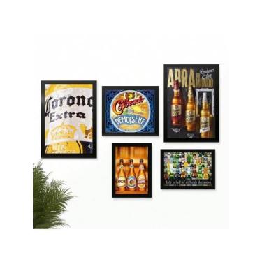 Imagem de Kit 5 Quadros Decoração Placas Area de Churrasco Cerveja Marcas Bar Bu