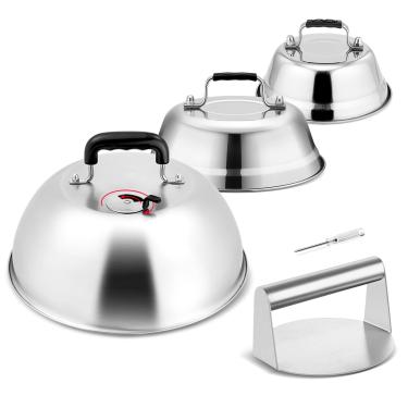 Imagem de Leonyo Conjunto de 3 Peças de Capa de Alinhavo E Prensa para Hambúrguer, Cúpula Redonda para Derreter Queijo de 12" E 9" E 6,5", Tampas de Vapor para Cúpula de Chapa Resistente, Prensa de Bacon de Aço