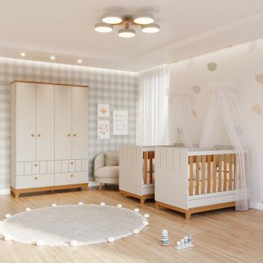 Imagem de Quarto Bebê Gêmeos com 2 Berços Mini Cama e Guarda Roupa 4 portas Liza Permobili