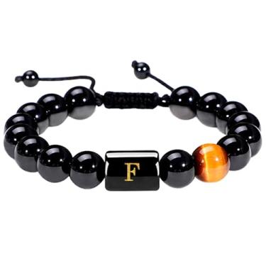 Imagem de YOTHIWAD Pulseira masculina com iniciais e letras, olho de tigre natural, contas de ônix preto, joia feita à mão, presente para homens, 8in, Sem Pedra Preciosa