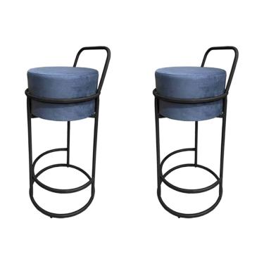 Imagem de Kit 2 Banquetas Alta Redonda Base Preta Veludo - Cinza