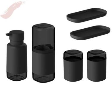 Imagem de Conjunto Banheiro Completo 6 Pçs Porta Escovas Porta Sabonete Líquido Porta Algodão Porta Cotonete e 2 Bandejas Cor Preto
