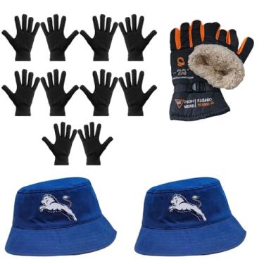 Imagem de Luva Básica, Luva de Moto Forrada, Chapeu Bucket - Kit's (5 Luva Preta + 1 Luva de Moto Laranja + 2 Chapeu Azul)