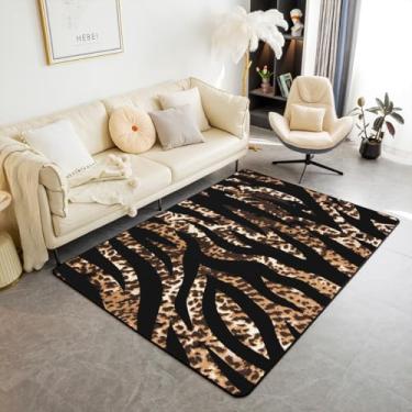 Imagem de jejeloiu Tapete de área com estampa de leopardo 5x7 tapetes de sala de estar geometria linhas de tiras tapete decorativo safári tapete interior animais selvagens marrom preto tapete de destaque