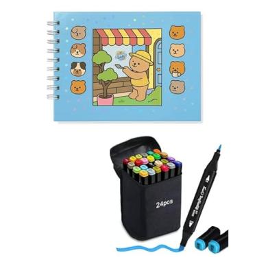 Imagem de Kit Livro De Colorir Azul + 24 Canetas De Ponta Dupla Para Pintar Livros de Colorir Livro Capa Dura Holográfica com Acetato 50 desenhos A5 Livro Colorir com canetinhas