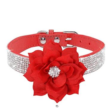 Imagem de Haoyueer Coleira de cachorro com strass, linda e deslumbrante e cintilante de couro de camurça macia para cães e gatos, coleira de strass de diamante de cristal (vermelho 5, P)