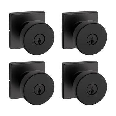 Imagem de Kwikset Maçaneta de porta de entrada Pismo com fechadura e chave, alça externa com chave segura, entrada frontal e quarto, preto fosco, pacote com 4, SmartKey Rekey Security resistente a picaretas e