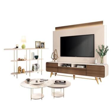 Imagem de Estante Home Theater Nobre Off White Castanho E Aparador Infinity E Kit Mesa De Centro Sky Off White– Hb Móveis