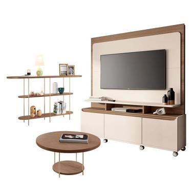 Imagem de Estante Home Theater Quantum Off White Castanho E Aparador Infinity E Mesa De Centro Sky Castanho– Hb Móveis