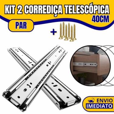 Imagem de Kit 2 Corrediça Telescópica Light 40cm Zincada H35 Trilha Para Gaveta 