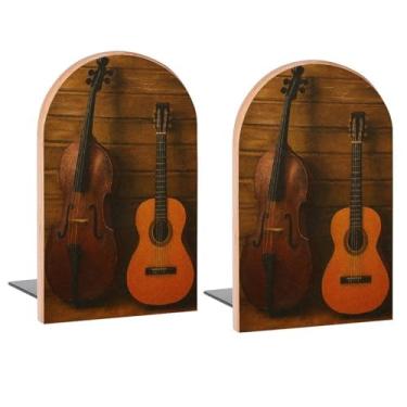 Imagem de Suportes de livros de madeira de violino para guitarra, suportes de livros decorativos de madeira para prateleiras, quarto de crianças, mesa de escritório em casa, rolhas de livros para revistas