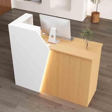 Imagem de Balcão De Recepção Com Luzes Led E Gaveta Trancável, Balcão De Compras De Varejo Com Descanso Para Teclado, Balcão De Recepção Para Casa, White + Light Walnut (Right High), 47.2"x16.54"x39.37"