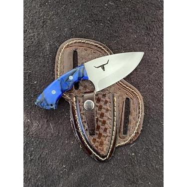 Imagem de Faca Mini Campeira 1 Muladeira com desenho de mula, 15 cm Total, Lâmina em aço Inox 8 cm, Cabo em Madeira Muirapiranga 7cm , Bainha em Couro, Acessivel Tamanho Ideal, Corte Preciso, Pesca, Caça, Churrasco (Azul Boi)