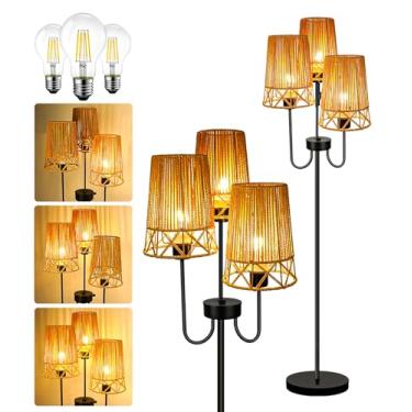 Imagem de MZVUL Candeeiro de chão boho de vime para sala de estar, interruptor rotativo de 3 luzes, boêmio, lâmpada de quarto de fazenda com interruptor de pé, lâmpadas de chão altas de vime para decoração