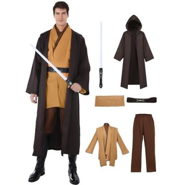 Imagem de KUGVDI Fantasia De Cavaleiro Halloween Masculina, Túnica Com Capuz, Conjunto Completo Sabre Luz, Trajes Cosplay (Marrom, M)