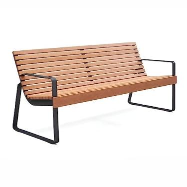 Imagem de Banco externo Cadeiras de banco ao ar livre, bancos de parque com encosto e apoios de braço, banco clássico de madeira maciça com estrutura de aço, cadeiras de lazer para pátio, quintal, jardins