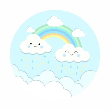 Imagem de Painel de Tecido Sublimado Redondo Chuva de amor nuvens arco iris azul