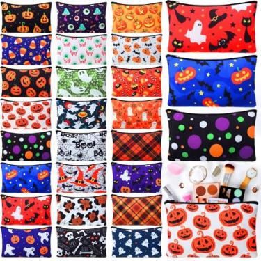 Imagem de Meanplan 24 bolsas de cosméticos, bolsas de maquiagem, bolsa de higiene pessoal com zíper, organizador de cosméticos de viagem para mulheres e meninas, 24 estilos, Cor escura, Dia das Bruxas
