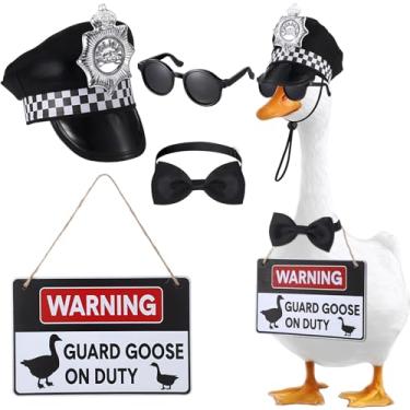 Imagem de Hoemwarm Roupas de ganso de varanda policial para ganso de 58 cm incluem chapéu de polícia, óculos, laço, placa de aviso para decoração de arte de gramado de pátio ao ar livre