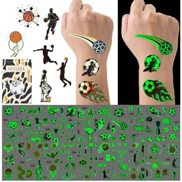 Imagem de Tatuagens luminosas para crianças, 200 peças de adesivos luminosos de tatuagem temporária com tema de futebol e basquete, tatuagens que brilham no escuro para meninos e meninas, lembrancinhas de festa
