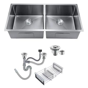 Imagem de Cuba Gourmet Pia Dupla Inox Quadrada Cozinha Luxo 72x43 Com Acessórios