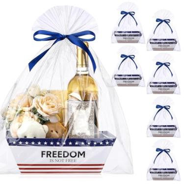 Imagem de RattanView 12 peças de cesta de dia dos veteranos para presentes, conjunto vazio, 6 cestas de presente vazias com bandeira americana, 6 sacos de celofane, papel kraft, bandeja de embrulho de presente