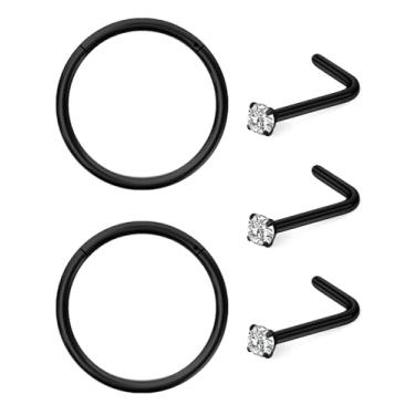 Imagem de Hoeudjo Aros de nariz articulados de aço cirúrgico 18G para mulheres brincos de nariz 2 mm anel de narina de cristal transparente joia para mulheres homens preto