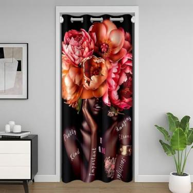 Imagem de jejeloiu Cortina de porta preta para privacidade de porta 132 x 213 cm 1 painel infantil africano feminino capa de armário para meninos meninas mulheres laranja floral divisória cortina lavável moda