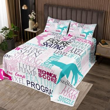 Imagem de Conjunto de cama Queen para patinação no gelo, esportes, corrida, 3 peças, rosa, azul, branco, para decoração de quarto de crianças, meninas, mulheres, jovens, conjunto de colcha, 2 fronhas