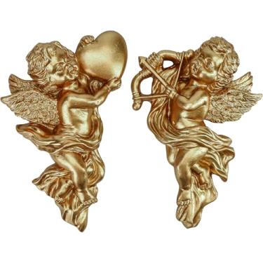 Imagem de 2 peças de anjos de querubim dourados - Esculturas de decoração de parede de anjo alado de resina 13,5 cm de altura enfeite de cupido estátua de cupido ornamento vintage adorável figura angelical