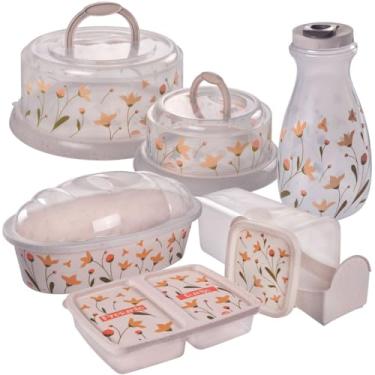 Imagem de Kit 6 PEÇAS - Boleira c/ base de Rosca + Queijeira c/ base de Rosca + Porta Pães oval c/ tampa Incolor + Porta Torradas c/ Gaveta Deslizante + Porta Frios c/ 2 Divisórias Independentes + Garrafa para Água e Suco Paris 1,8L - Marmorizado Decorado estilo Floral Plasútil