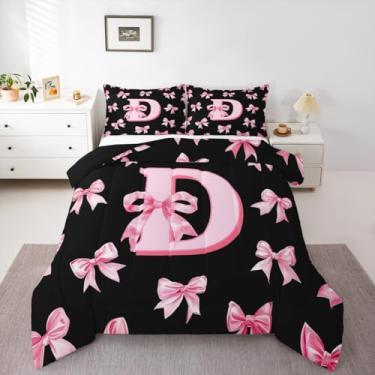 Imagem de Erosebridal Jogo de cama solteiro com estampa de laço rosa, para decoração de quarto de crianças, meninas, adolescentes, letra D, monograma, preto e rosa