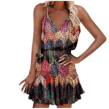 Imagem de Vestido feminino casual estampado com decote em V sem mangas - HUOGUO