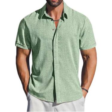 Imagem de Camisa masculina LETSEE de manga curta, verde praia, linho, tamanho S